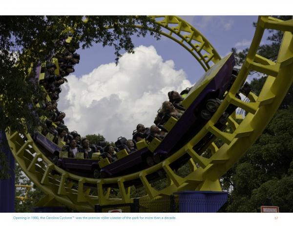 A bright yellow and purple coaster soars through a vertical loop amid trees and clouds, capturing the excitement of American Coasters by Schiffer Publishing, Ltd.