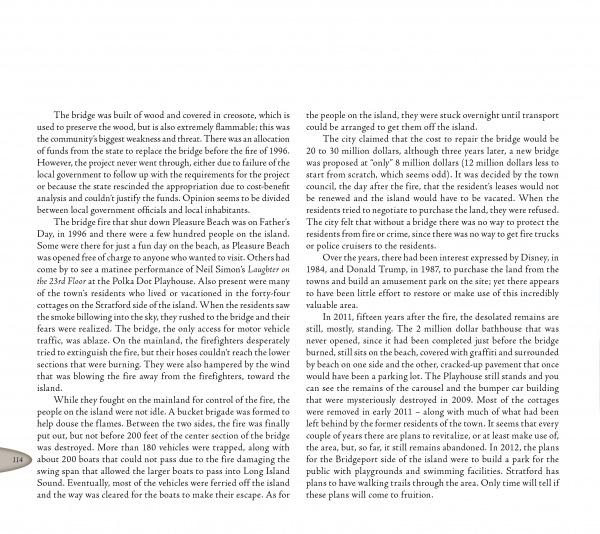 A page from "Gone But Not Forgotten" by Schiffer Publishing, Ltd. explores the history and struggles of a wooden island bridge, connecting its troubled construction to abandoned villages and the evolving fate of New England ghost towns.