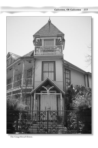 Black and white photo of a tall, ornate Victorian house with a tower and gated entrance—one of South Texas’s haunted places. Text: Texas Ghosts by Schiffer Publishing, Ltd. Includes Galveston 133 and The Gingerbread House.