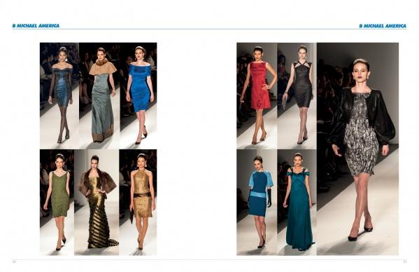 Models showcase the latest trends on a white runway during Mercedes-Benz Fashion Week Fall 2013, as seen in The SFP LookBook by Schiffer Publishing, Ltd., with an audience in the background.