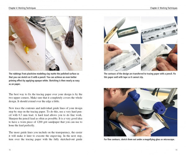 A spread in "Scrimshaw in Theory and Practice" by Schiffer Publishing, Ltd. illustrates step-by-step how to transfer a design onto a knife handle using tracing paper, a scribing tool, and magnifying glass—ideal for learning scrimshaw engraving.