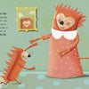 Illustration for "The Hedgehog Who Didn't Want to Prickle" by Schiffer Publishing, Ltd.: Three smiling hedgehogs in a green-walled room—one in a dress hugs a smaller hedgehog, while another stands nearby—showing emotional intelligence for children.