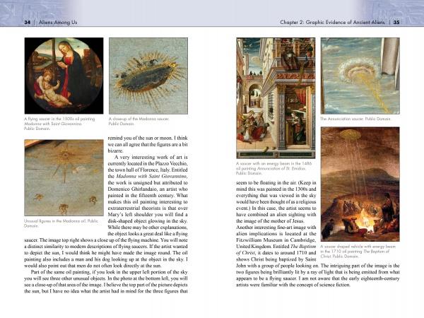 Discover "Aliens Among Us" by Schiffer Publishing, Ltd.—a book spread with paintings of religious scenes and UFO-like objects, plus explanatory text on ancient art, possible UFO sightings, and aliens on Earth theories.