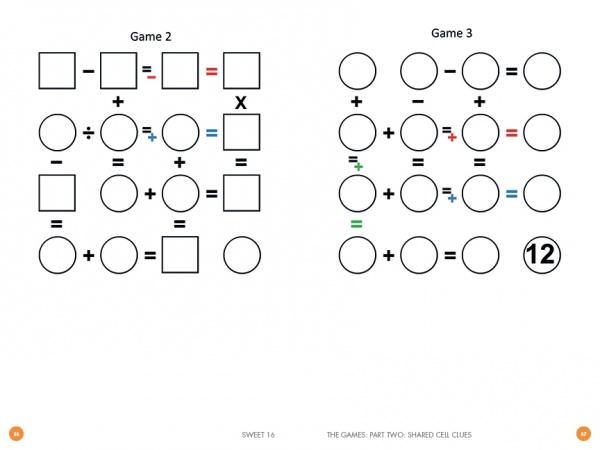 Sweet 16 by Schiffer Publishing, Ltd. is a brain-boosting numbers game with grids, shapes, and math symbols. Game 3’s last row displays the number 12—ideal for math puzzle fans seeking engaging and clever challenges.
