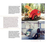 Two pages from "Ready to Roll" by Schiffer Publishing, Ltd. highlight classic travel trailers: one shows a sunlit red teardrop trailer, the other features a trailer with its rear open for camping, displaying a compact kitchen inside.