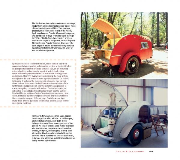 Two pages from "Ready to Roll" by Schiffer Publishing, Ltd. highlight classic travel trailers: one shows a sunlit red teardrop trailer, the other features a trailer with its rear open for camping, displaying a compact kitchen inside.