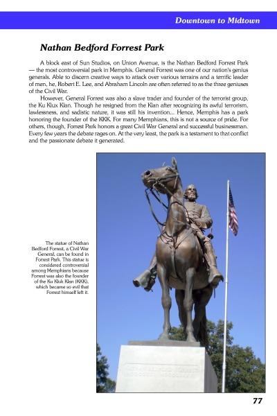 A page from "Walking in Memphis: 16 Historic Tours" by Schiffer Publishing, Ltd. showcases Nathan Bedford Forrest Park, including text and a photo of his equestrian statue in military uniform beneath a blue sky.