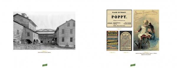 On the left, "The Shaker Legacies" by Schiffer Publishing, Ltd. features a black-and-white old factory photo; on the right are three vintage Shaker village ads: for poppy extract, product labels, and two girls reading a book.