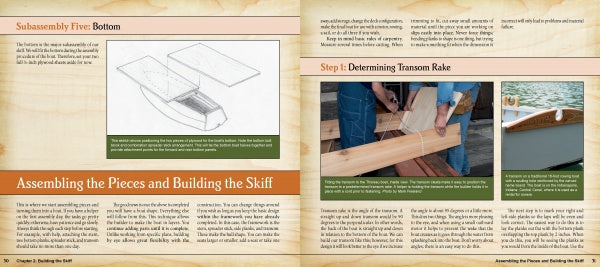 “How to Build a Flatiron Skiff” by Schiffer Publishing, Ltd. features a book spread with diagrams and photos—one page details skiff-building techniques, the other shows hands measuring and marking wooden planks.