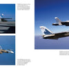 A two-page spread from "TOPGUN" by Schiffer Publishing, Ltd.: Left—three F-14 Tomcats in varied paint schemes, parked and airborne. Right—two F-14s fly in formation, highlighting TOPGUN-inspired fighter tactics against a blue sky.