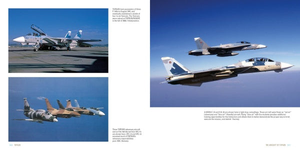 A two-page spread from "TOPGUN" by Schiffer Publishing, Ltd.: Left—three F-14 Tomcats in varied paint schemes, parked and airborne. Right—two F-14s fly in formation, highlighting TOPGUN-inspired fighter tactics against a blue sky.