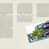 A slightly tilted photo from "Pier Pressure: California Piers from San Diego to San Francisco" by Schiffer Publishing, Ltd. features colorful shops, restaurants, and palm trees at Pier 39, bustling with people on a beige background about San Francisco attractions.