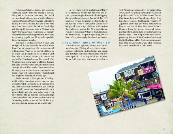 A slightly tilted photo from "Pier Pressure: California Piers from San Diego to San Francisco" by Schiffer Publishing, Ltd. features colorful shops, restaurants, and palm trees at Pier 39, bustling with people on a beige background about San Francisco attractions.