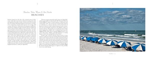 A row of blue and white umbrellas lines a sandy shore with gentle waves and a cloudy sky. This beach scene image appears alongside text about beaches in "The Ever-Changing Coastline" by Schiffer Publishing, Ltd.