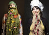 Two women display their competitive bearding skills—one wears a green yarn beard with butterflies and flowers, the other a straw beard with red balls and a chef’s hat—celebrating creative pogonotrophy with Art of the Beard by Schiffer Publishing, Ltd.