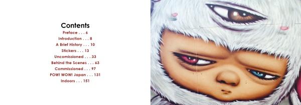 On the left, the contents page lists sections and pages; on the right, Schiffer Publishing, Ltd.’s "Tokyo Graffiti" showcases a soft urban mural featuring a three-eyed furry creature with a neutral expression.