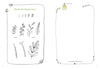 A page from the Floral Doodling Handbook by Schiffer Publishing, Ltd. features black and white sketches of pinnate and alternate leaves for art journaling, plus a blank framed space and a small figure in a yellow dress at the top.