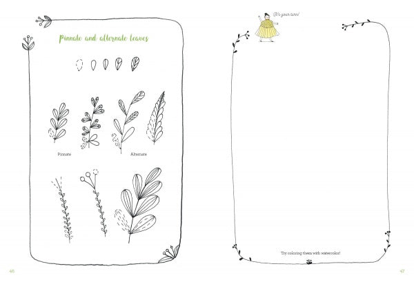 A page from the Floral Doodling Handbook by Schiffer Publishing, Ltd. features black and white sketches of pinnate and alternate leaves for art journaling, plus a blank framed space and a small figure in a yellow dress at the top.