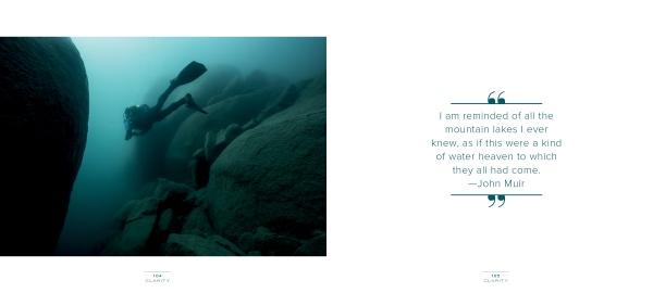 A scuba diver explores the crystal-clear waters of Lake Tahoe, capturing breathtaking images, as featured in "Clarity" by Schiffer Publishing, Ltd.