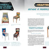 A two-page spread from Schiffer Publishing, Ltd.’s "Your Pinball Machine" shows vintage pinball machines with images and descriptions. The right page, titled Chapter 2: Buying a Pinball Machine, gives maintenance tips and shows a machine photo in the corner.