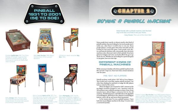 A two-page spread from Schiffer Publishing, Ltd.’s "Your Pinball Machine" shows vintage pinball machines with images and descriptions. The right page, titled Chapter 2: Buying a Pinball Machine, gives maintenance tips and shows a machine photo in the corner.