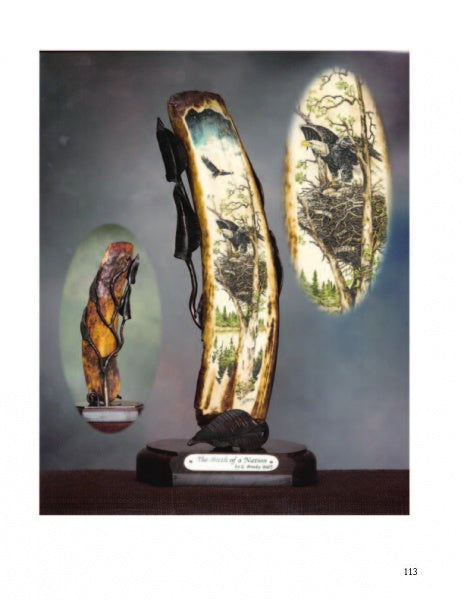 Scrimshaw Techniques by Schiffer Publishing, Ltd. features carved and painted antler sculptures on wood bases, depicting wildlife scenes with birds and trees, plus oval insets showing intricate scrimshaw details as a nature-inspired ivory alternative.