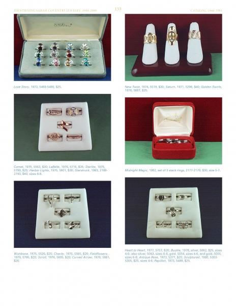 A catalog page for "Identifying Sarah Coventry Jewelry, 1949-2009" by Schiffer Publishing, Ltd. features neatly arranged vintage pieces with brief descriptions and item numbers below each ring or cufflink, displayed in boxes or on stands.