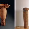 The Lindquist Legacy by Schiffer Publishing, Ltd. celebrates two wooden sculptures: one with a bowl-shaped top on a carved base, and another with a rounded cap on a tall textured cylinder, both highlighting exquisite woodworking.