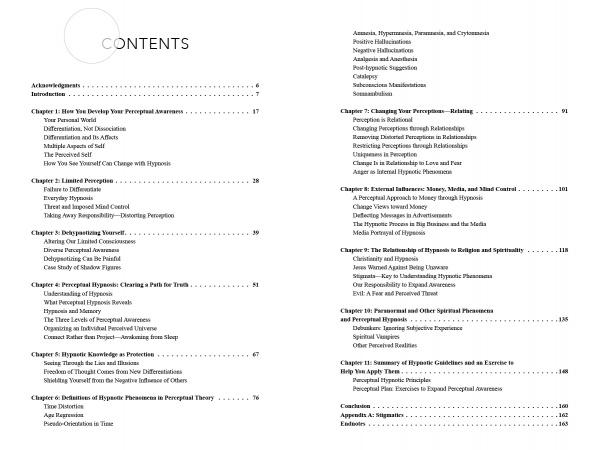 The table of contents for Perceptual Hypnosis by Schiffer Publishing, Ltd. lists chapters on perception, truth, control, defenses, relationships, perceptual hypnosis, and spiritual growth in columns with dotted leader lines, showing titles and page numbers.