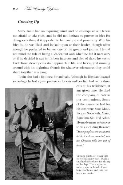 A page from "Mark Twain" by Schiffer Publishing, Ltd. explores Twain’s childhood curiosity and love for cats, featuring a black-and-white photo of the author outdoors with two cats on his lap.