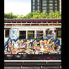 A subway car adorned with vibrant graffiti art by NYC artists sits on the tracks amid apartments and trees in this photo, featured in "New York City Graffiti" from Schiffer Publishing, Ltd., labeled DOME and SHO window-down, Oct. 1987.