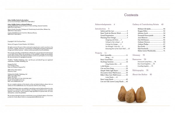On the left page, Gourd Lights by Schiffer Publishing, Ltd. lists copyright and publication info; on the right, the table of contents features section titles, page numbers, step-by-step lamp instructions, and four brown pears at the bottom.