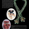 A catalog page featuring Miriam Haskell Jewelry by Schiffer Publishing, Ltd.—a long green beaded necklace with floral clasps, a beige and blue petal brooch, and a red grape cluster brooch—shown with detailed text and captions.