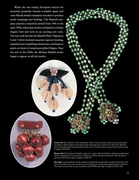 A catalog page featuring Miriam Haskell Jewelry by Schiffer Publishing, Ltd.—a long green beaded necklace with floral clasps, a beige and blue petal brooch, and a red grape cluster brooch—shown with detailed text and captions.