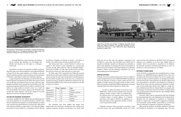A black-and-white spread from Jezreel Valley Mysteres by Schiffer Publishing, Ltd. shows Dassault Mystere IVA jets on a runway and an Israeli Air Force jet with ground crew at its tail across two pages.