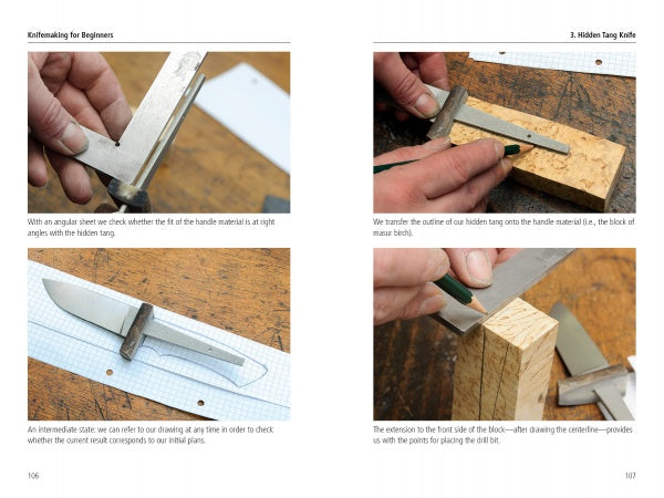 Four instructional photos from Knifemaking for Beginners by Schiffer Publishing, Ltd. show hands using calipers and drawing tools to measure and mark materials, plus a knife sketch on graph paper—perfect for beginner knife makers.