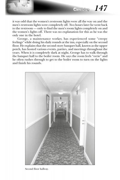 A black and white photo from "Florida's Haunted Hospitality" by Schiffer Publishing, Ltd. shows a long, empty hotel hallway with closed doors and ceiling lights. Caption: Second floor hallway.