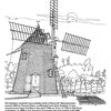 A black-and-white illustration of the Eastman windmill with tall blades, entrance, and windows features trees, grass, and windmill history. From the Windmills Activity Book by Schiffer Publishing, Ltd.—ideal for coloring or educational fun.
