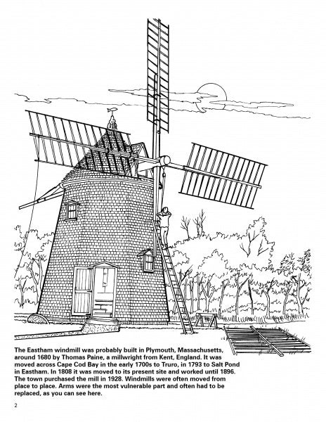 A black-and-white illustration of the Eastman windmill with tall blades, entrance, and windows features trees, grass, and windmill history. From the Windmills Activity Book by Schiffer Publishing, Ltd.—ideal for coloring or educational fun.