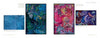 A book spread from "Contemporary Cape Cod Artists" by Schiffer Publishing, Ltd. features four abstract paintings: a blue textured piece, a blue-green work with organic forms, a vibrant pink scene with figures, and a blue-purple swirling composition.