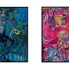 A book spread from "Contemporary Cape Cod Artists" by Schiffer Publishing, Ltd. features four abstract paintings: a blue textured piece, a blue-green work with organic forms, a vibrant pink scene with figures, and a blue-purple swirling composition.