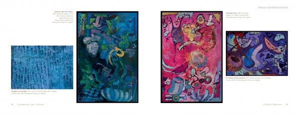 A book spread from "Contemporary Cape Cod Artists" by Schiffer Publishing, Ltd. features four abstract paintings: a blue textured piece, a blue-green work with organic forms, a vibrant pink scene with figures, and a blue-purple swirling composition.