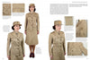 Four women model khaki WWII Women’s Army Auxiliary Corps uniforms with jackets, skirts, and caps. Close-ups show buttons, insignia, and pockets. "Women For Victory Vol 2" by Schiffer Publishing, Ltd. features info on American servicewomen.