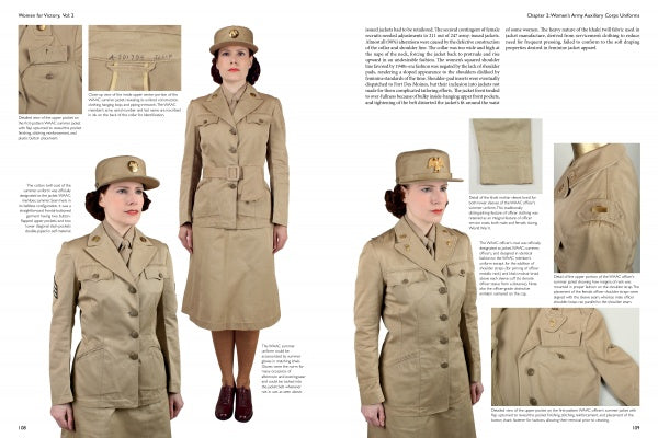 Four women model khaki WWII Women’s Army Auxiliary Corps uniforms with jackets, skirts, and caps. Close-ups show buttons, insignia, and pockets. "Women For Victory Vol 2" by Schiffer Publishing, Ltd. features info on American servicewomen.