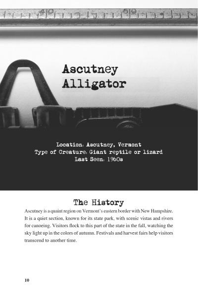 An illustration of the Ascutney Alligator—a giant reptile cryptid from Ascutney, Vermont, last seen in the 1960s—featured in "Curious Creatures of New England" by Schiffer Publishing, Ltd., alongside local historical details.