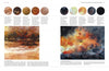 A book spread from "Painting the Elements" by Schiffer Publishing, Ltd. displays two watercolor landscapes with circles accentuating details, plus six color swatches and text above each painting analyzing atmospheric techniques and color use.
