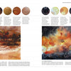 A book spread from "Painting the Elements" by Schiffer Publishing, Ltd. displays two watercolor landscapes with circles accentuating details, plus six color swatches and text above each painting analyzing atmospheric techniques and color use.