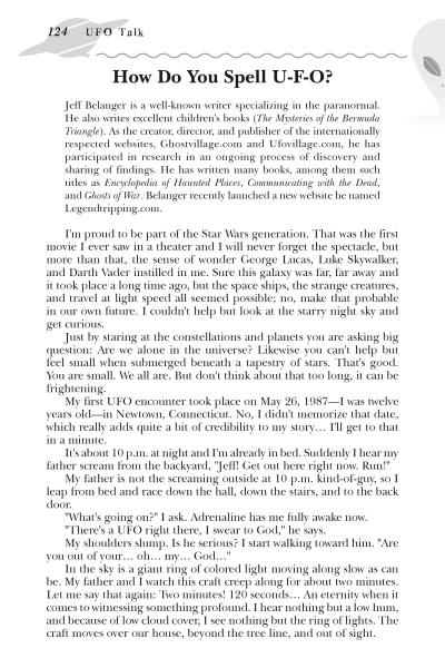 A page from Schiffer Publishing, Ltd.’s "UFOs in Missouri" features a column on the author’s background, views on Missouri UFO sightings, pop culture ties, and personal stories. The page title is "How Do You Spell U-F-O?" with page 124 at the top.