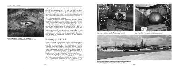 A two-page spread from "The Neutron's Long Shadow" (Schiffer Publishing, Ltd.) features black-and-white photos: a bomb crater, electronics, a Manhattan Project bomb on a trolley, an aircraft nose, and a plane on the runway with text below and beside the images.