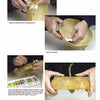 Four images show hands using Gourd Crafts by Schiffer Publishing, Ltd.: sanding and taping a gourd, painting the seam yellow, then displaying the restored gourd. Supplies and paint tubes highlight creative gourd art and decorating fun.